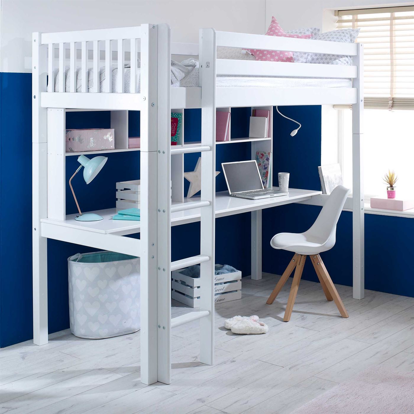 Ferdie Highsleeper With Long Desk/Shelving Single Bed Frame, White Wood | Barker & Stonehouse