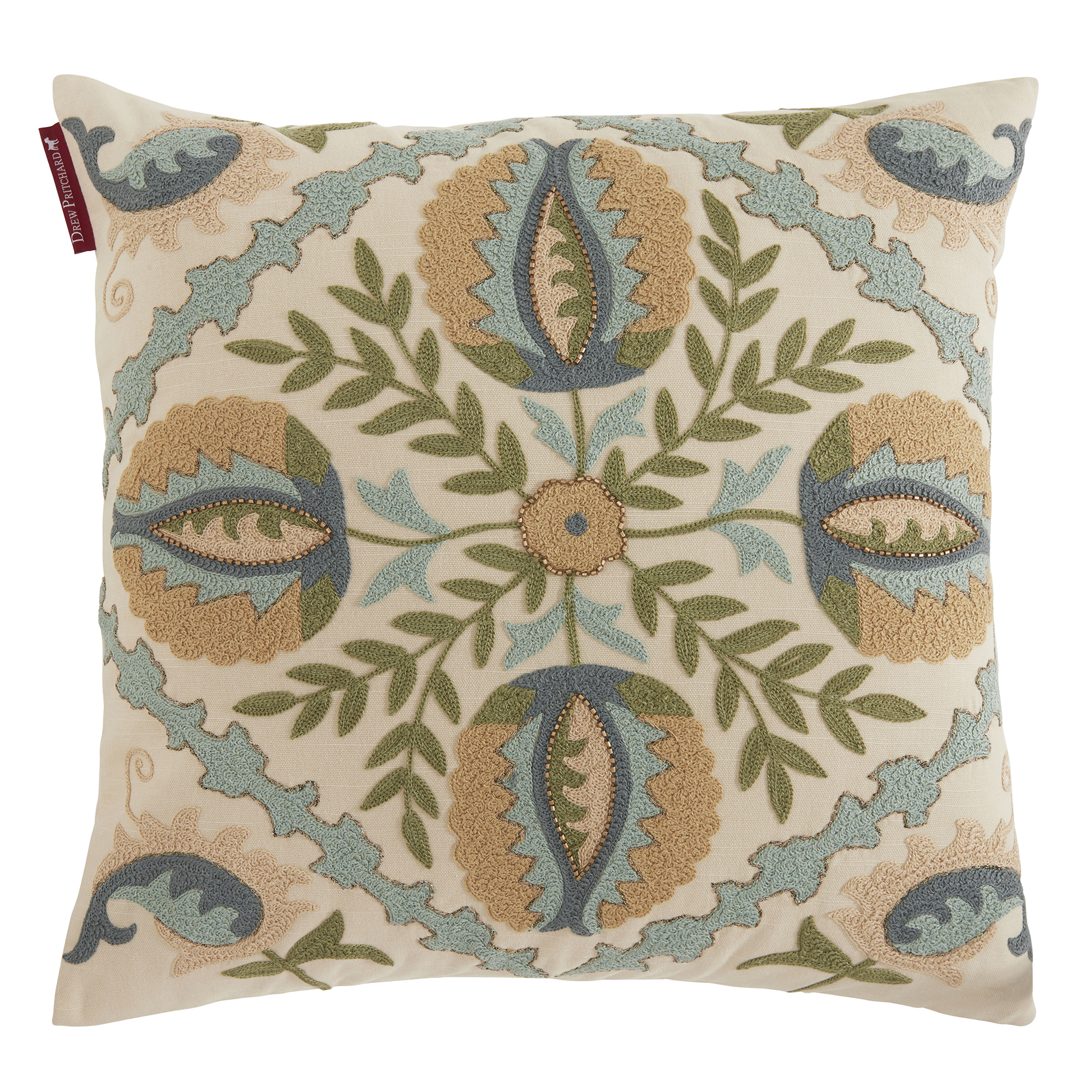 Embroided Chinosiere Cushion, Square, Neutral | Barker & Stonehouse