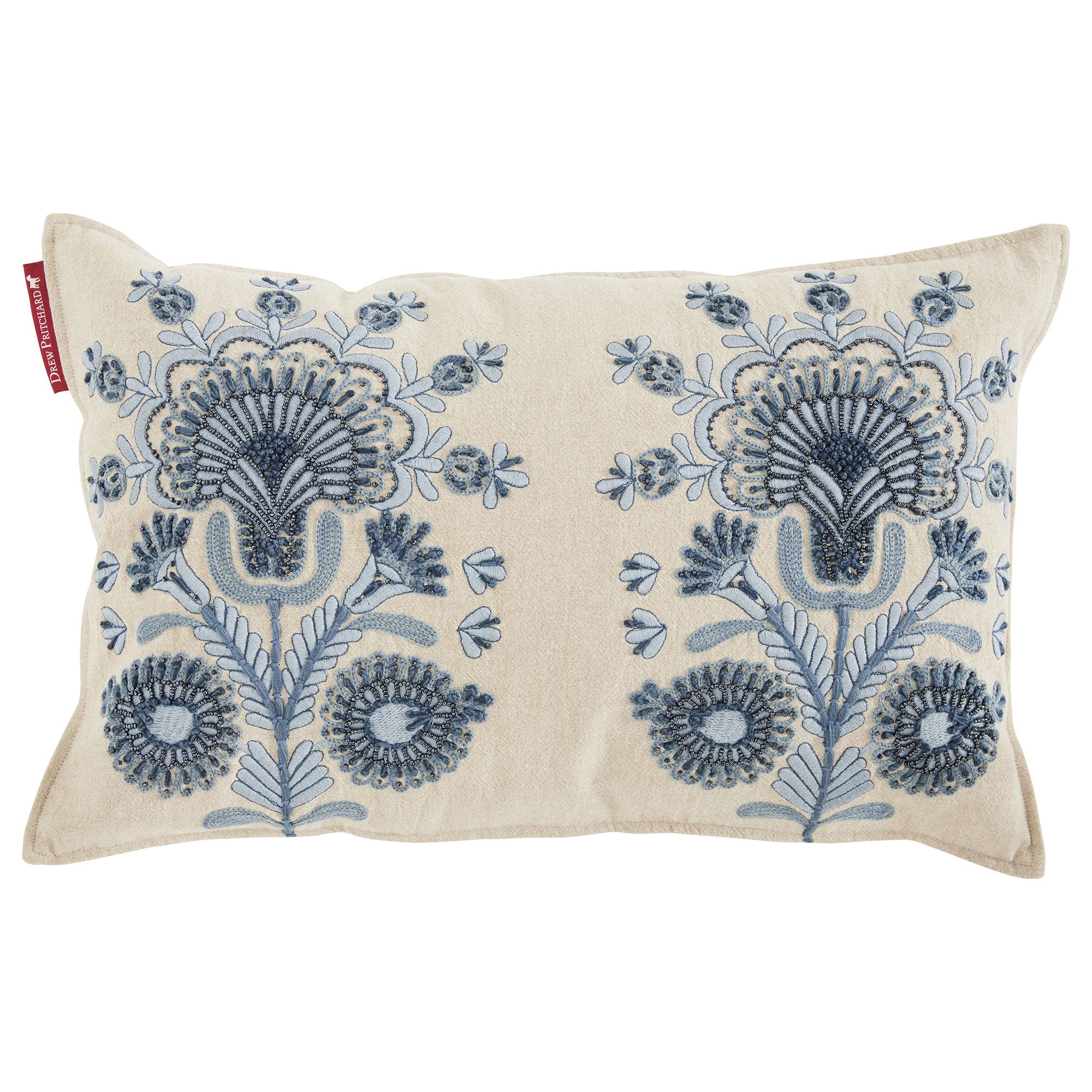 Embroidered Blue Cushion, Square, Neutral | Barker & Stonehouse