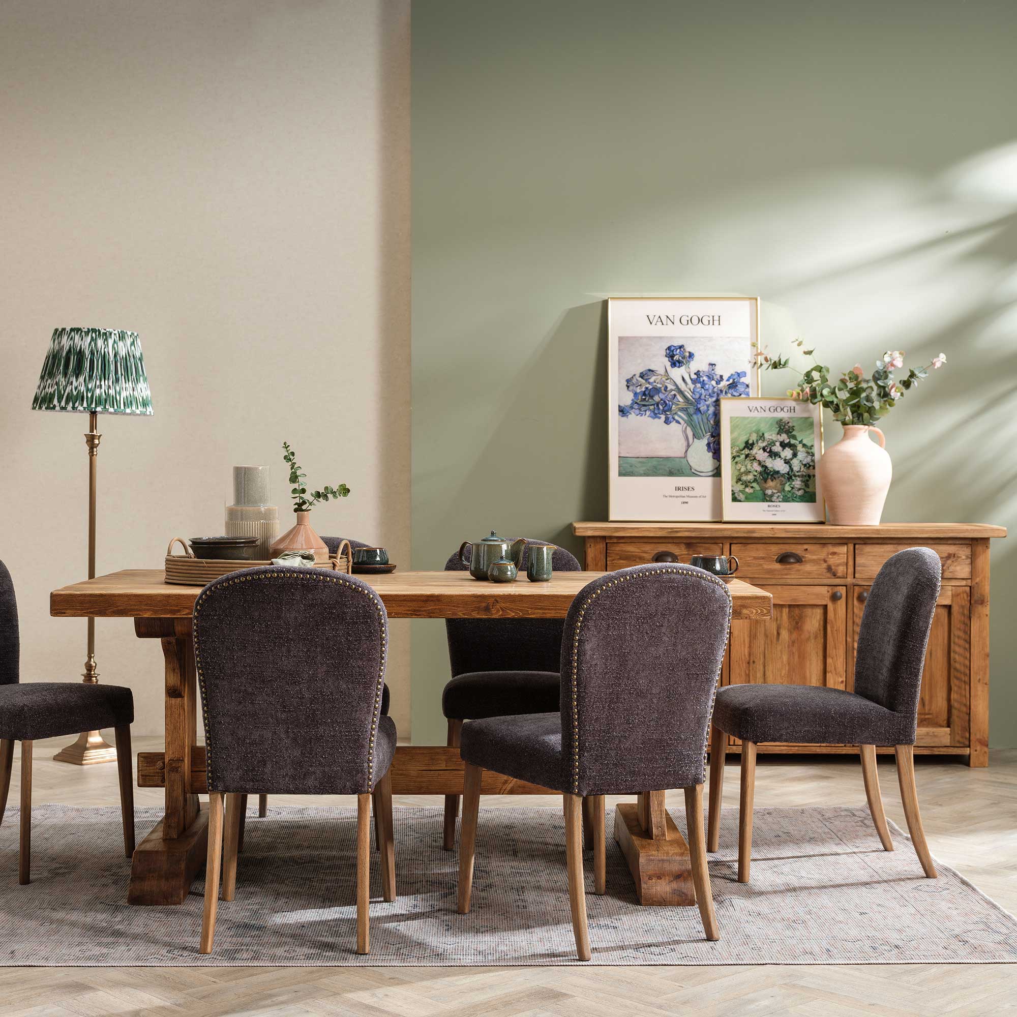 Covington Dining Table + 6 Grey Maurice Chairs, Brown | Barker & Stonehouse