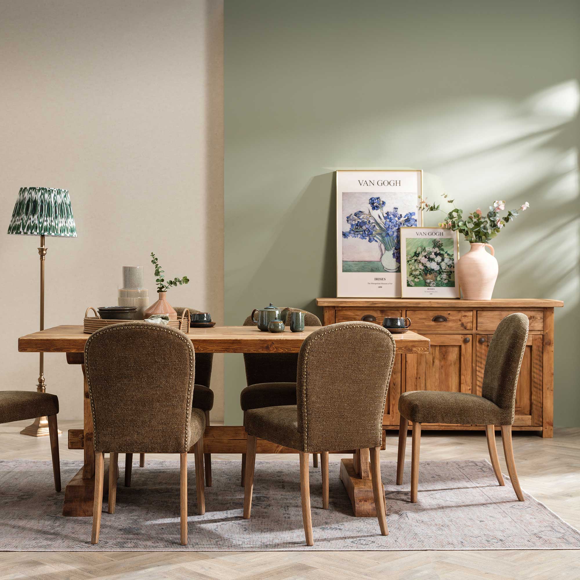 Covington Dining Table + 6 Green Maurice Chairs, Brown | Barker & Stonehouse