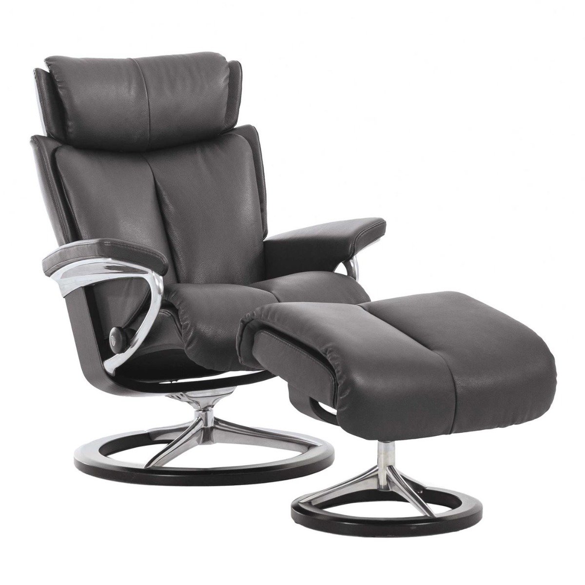 Stressless Magic Medium Recliner Chair & Stool With Signature Base, Black Leather | Barker & Stonehouse