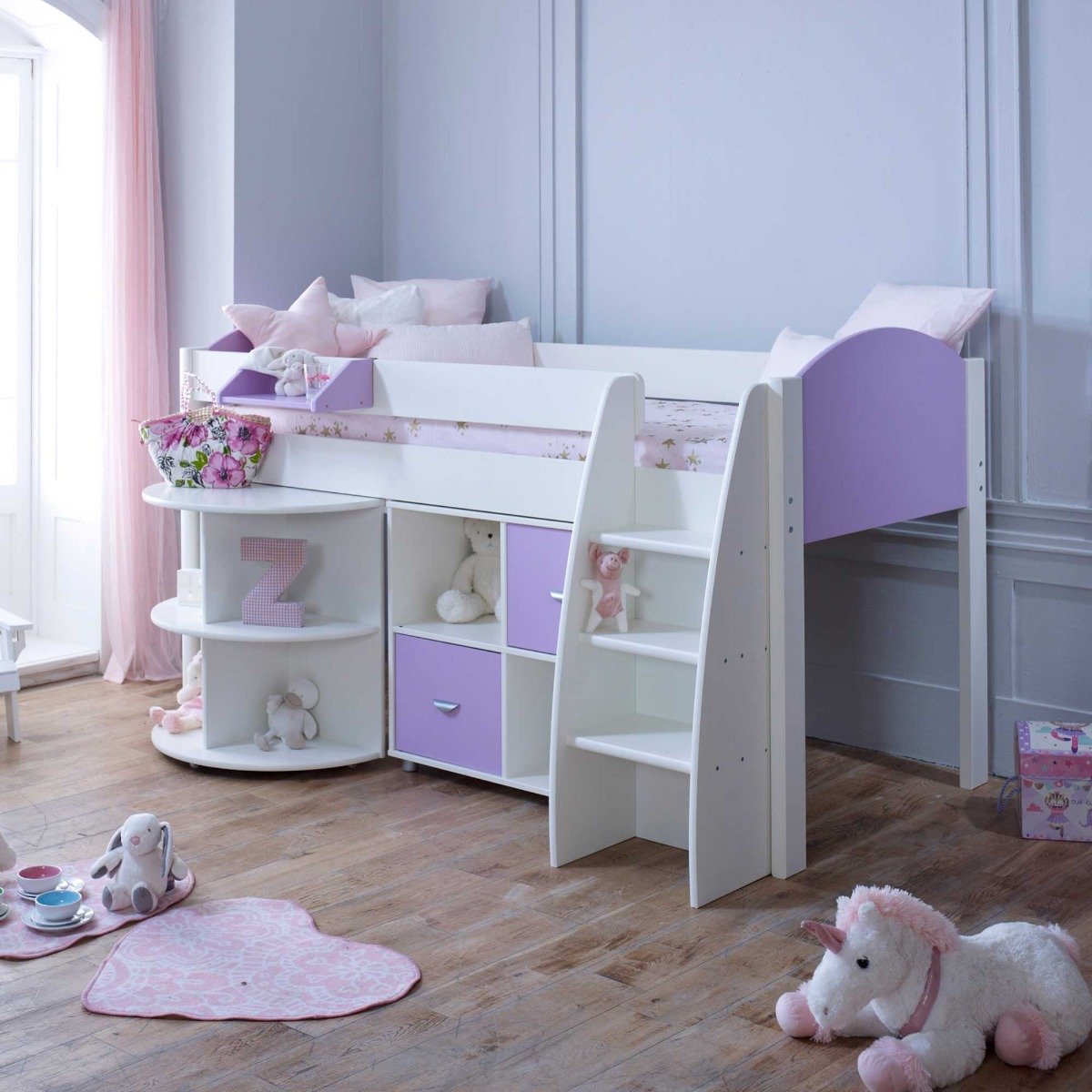 Eli Single Midsleeper With Pull Out Desk & Cube Unit, Purple | Barker & Stonehouse