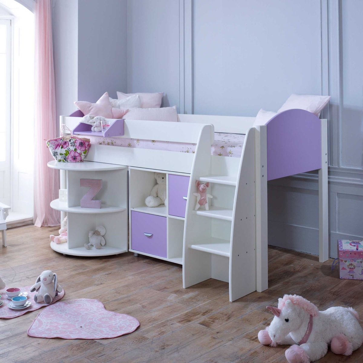 Eli Single Midsleeper With Pull Out Desk & Cube Unit, Purple | Barker & Stonehouse