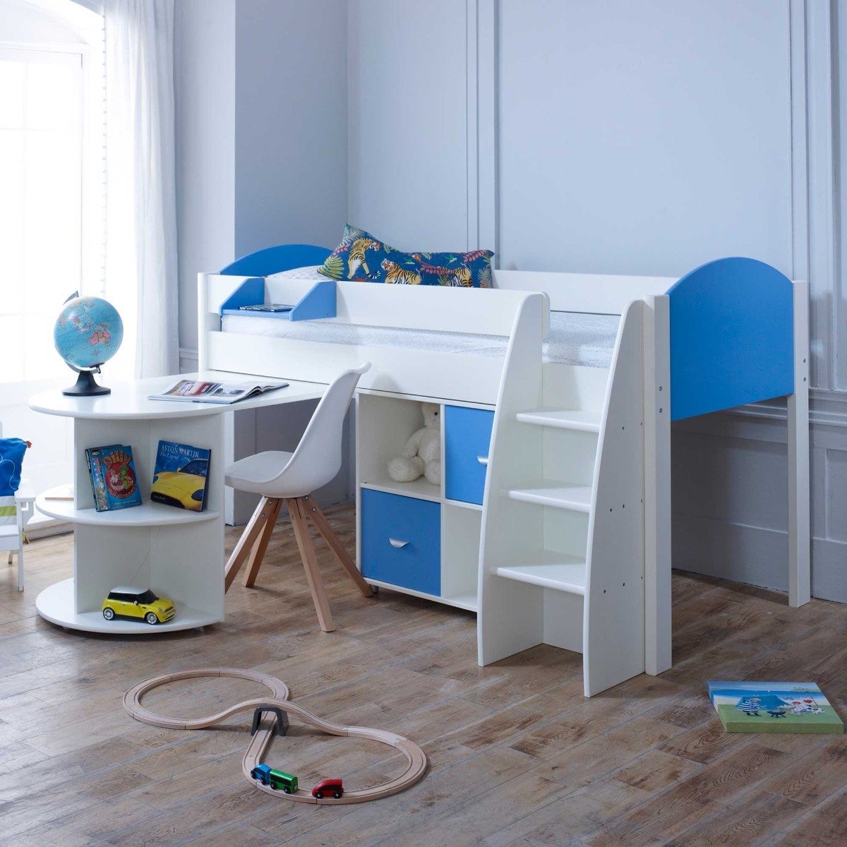 Eli Single Midsleeper With Pull Out Desk & Cube Unit, Blue | Barker & Stonehouse