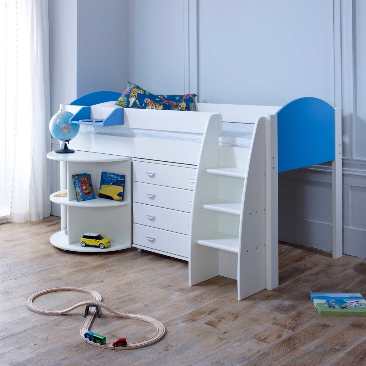 Eli Single Midsleeper With Pull Out Desk, Blue | Barker & Stonehouse