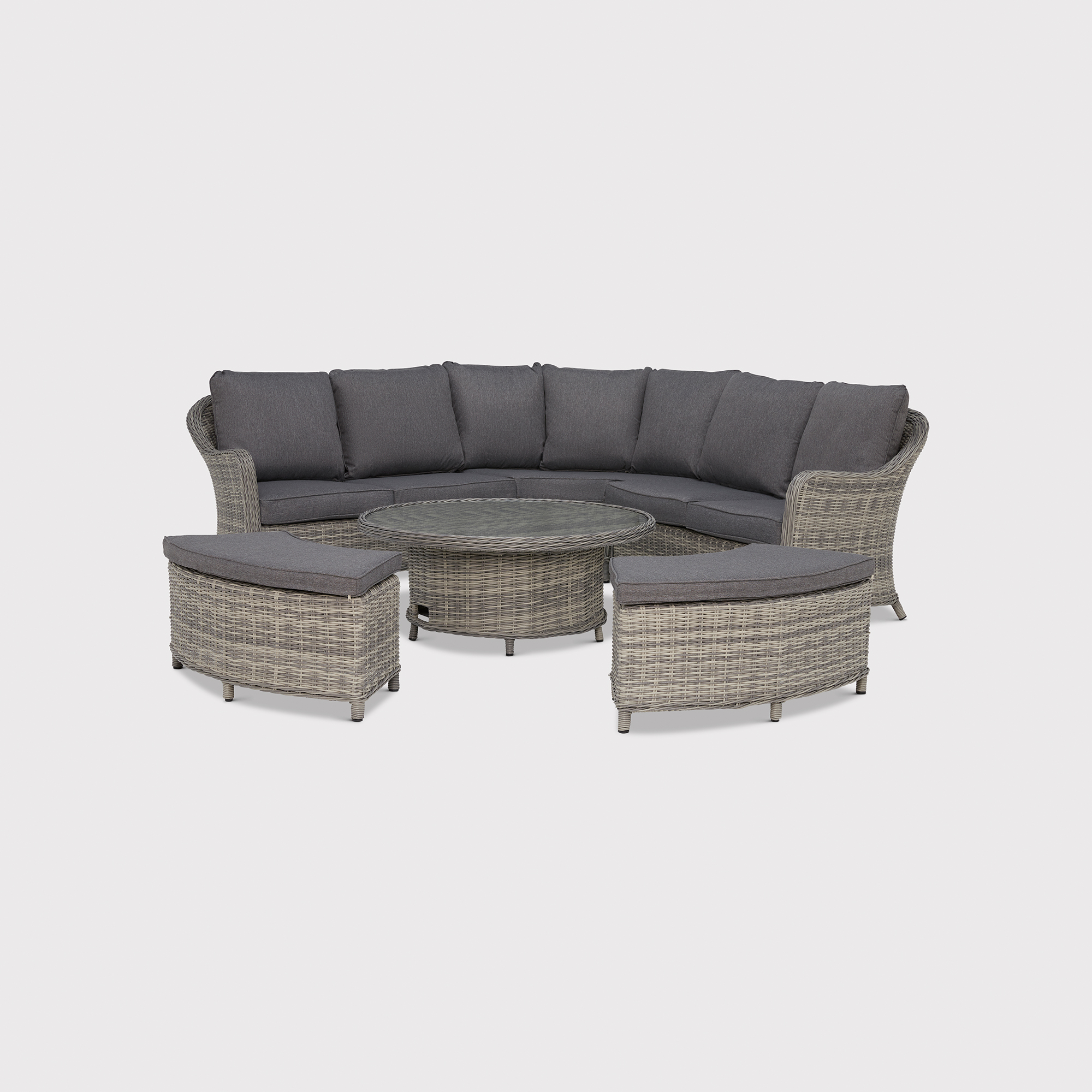 Penzance Rattan Rounded Corner Garden Sofa Set with Rising Table Round And Half Round Wicker Grey Barker Stonehouse