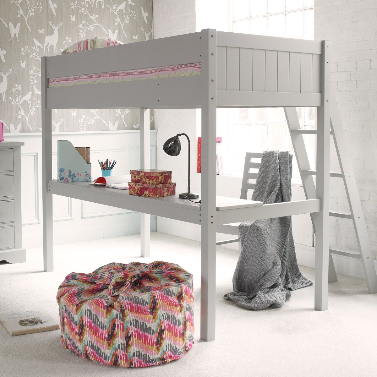 Pippin High Single Sleeper With Full Length Desk, Grey | Barker & Stonehouse