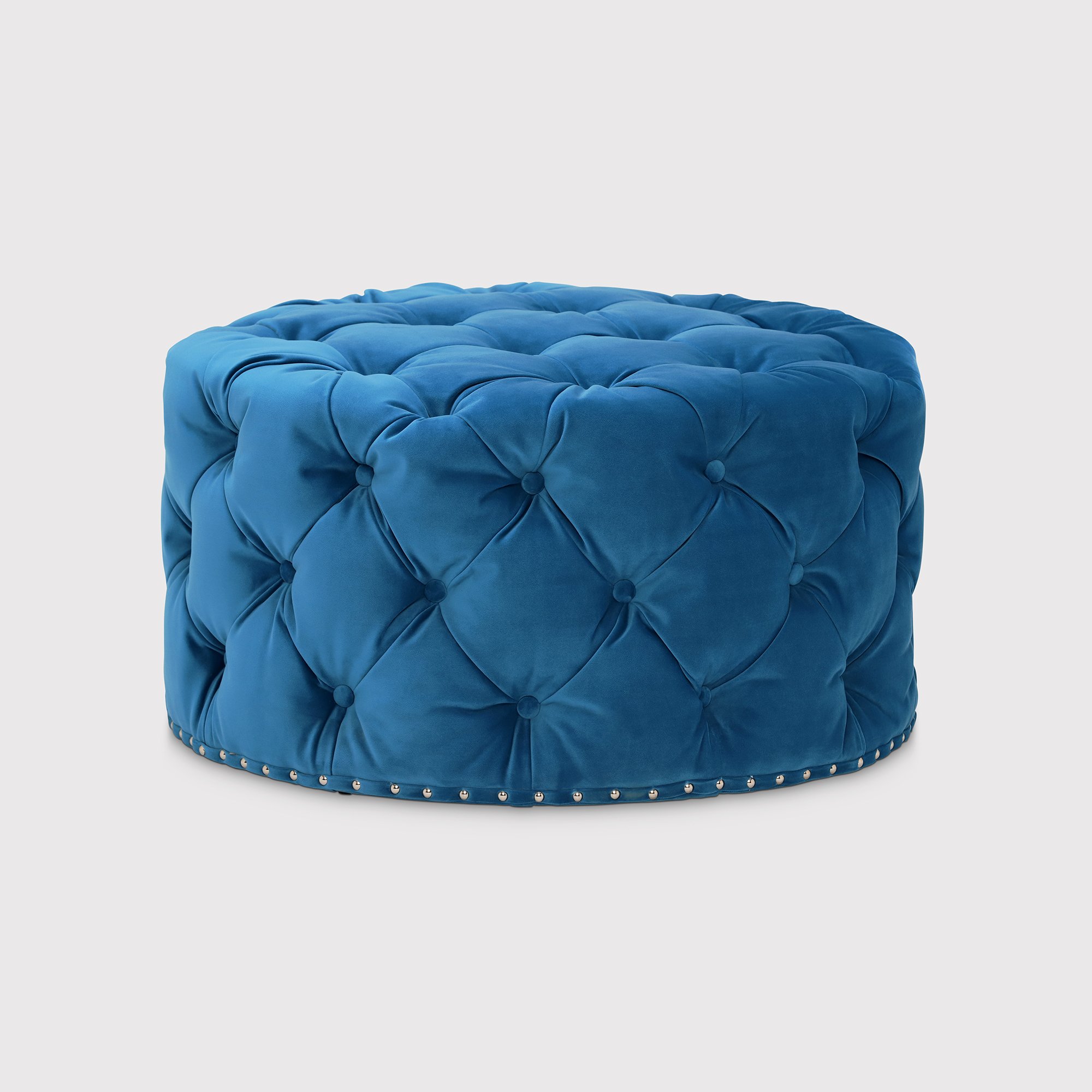 Timothy Oulton Lord Digsby Round Medium Footstool, Blue Fabric | Barker & Stonehouse