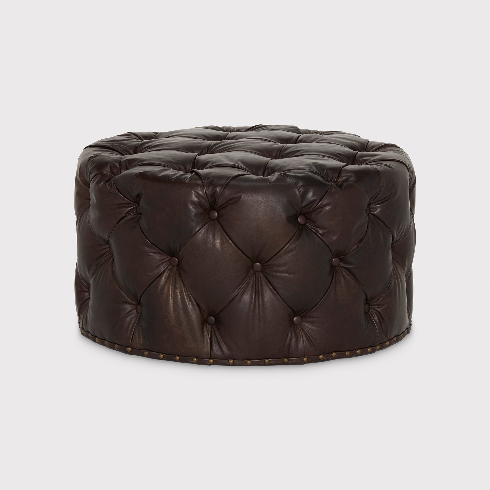 Timothy Oulton Lord Digsby Round Medium Footstool, Brown Leather | Barker & Stonehouse