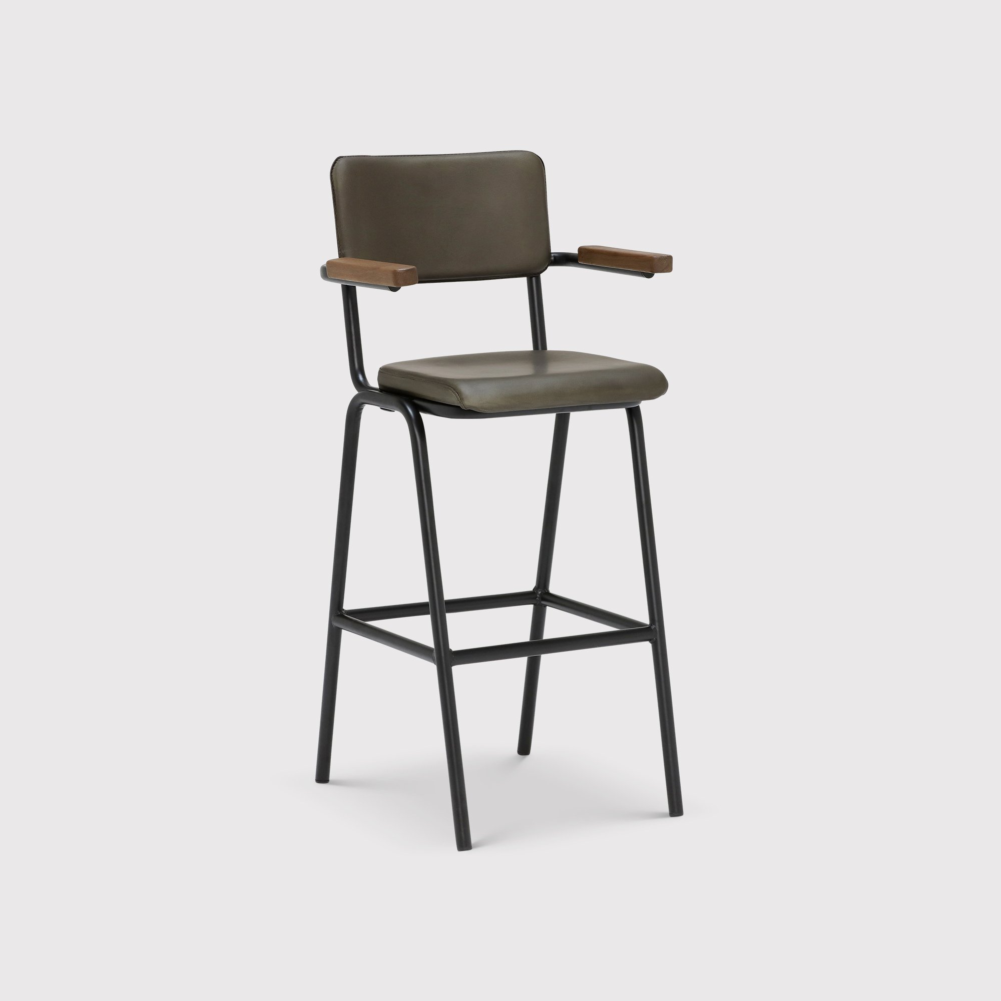 Pure Furniture Twyford Barstool With Arms With Matt Black Frame, Green Leather | Barker & Stonehouse