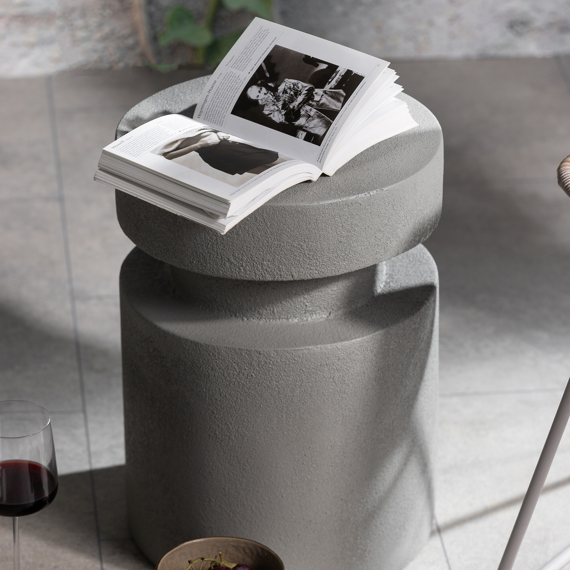 Pori Round Light Grey Concrete Effect Garden Stool, Elephant Grey