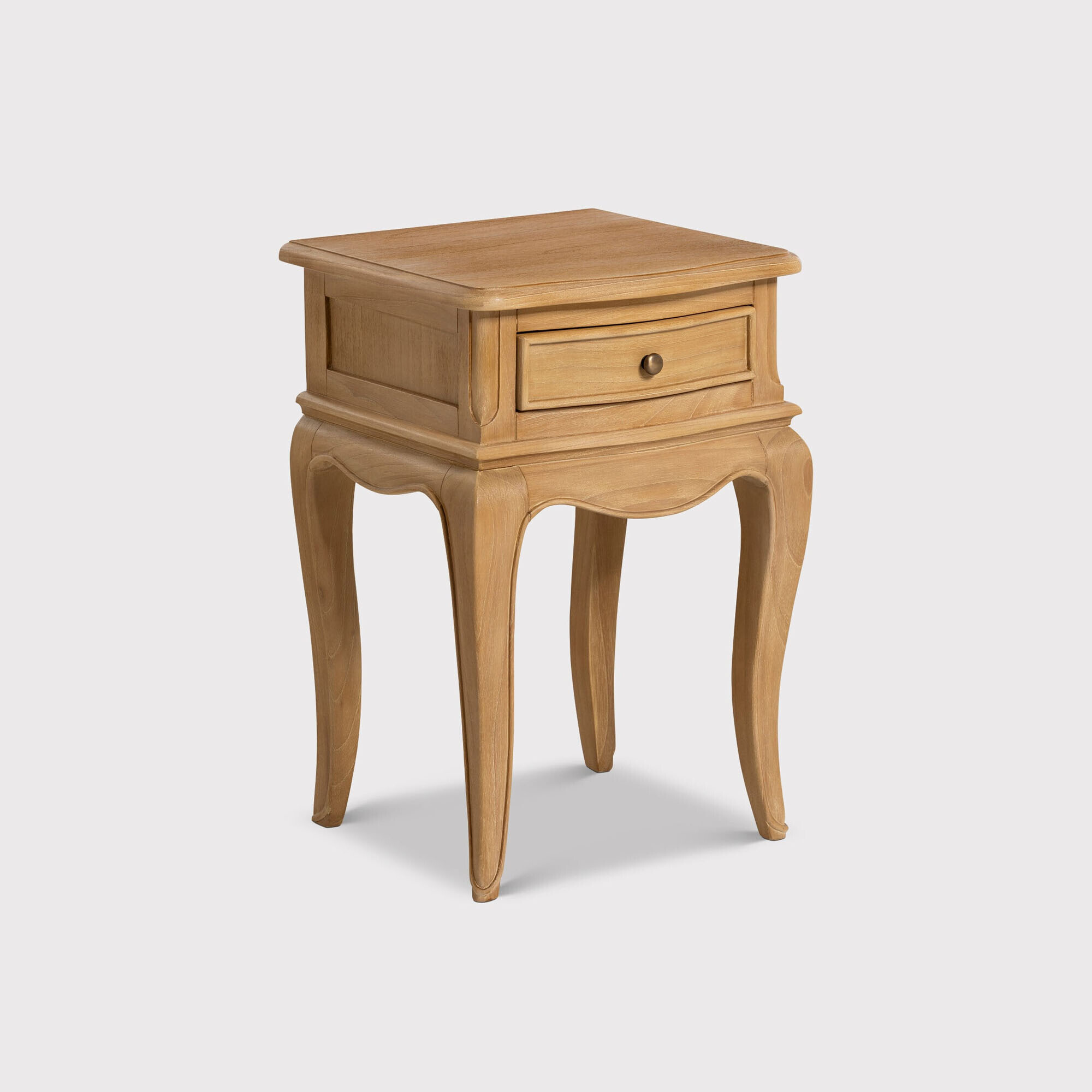 View Cecile 1 drawer curved leg bedside table in neutral wood View Cecile 1 drawer curved leg bedside table in neutral wood