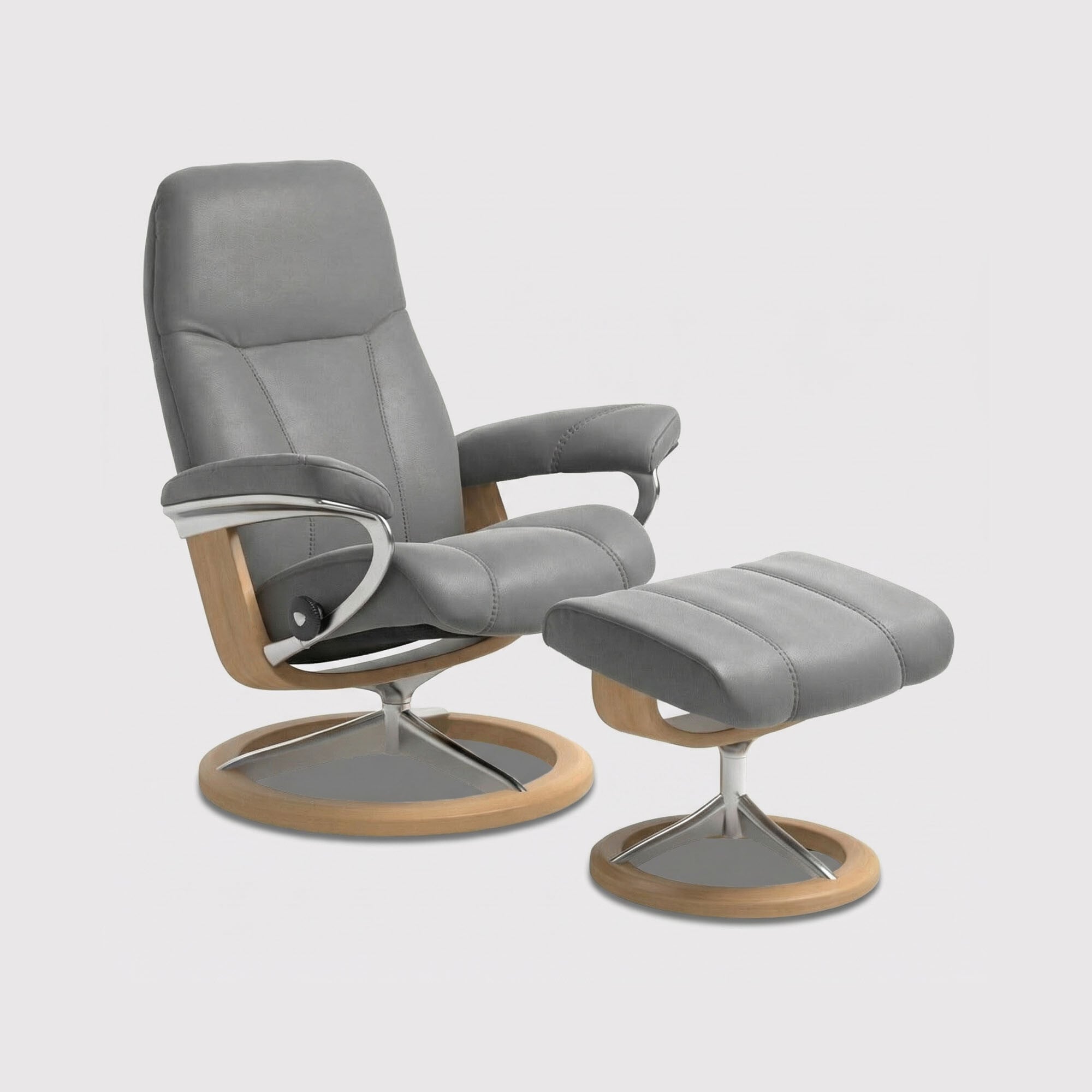 View Stressless consul small recliner chair & stool in grey leather View Stressless consul small recliner chair & stool in grey leather