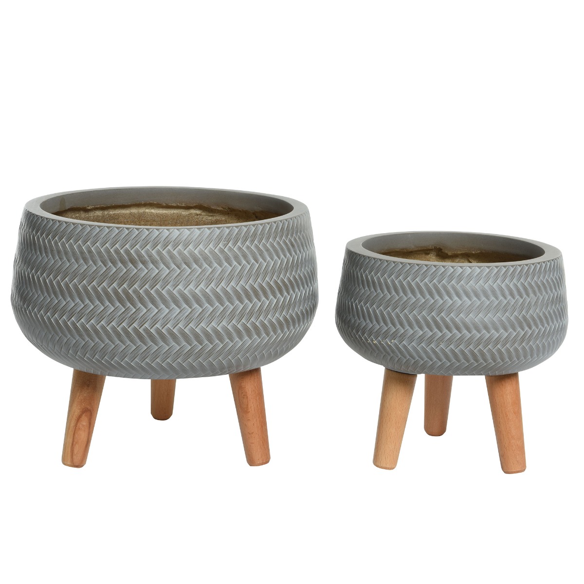Photo of Round woven effect clay plant pot set in grey