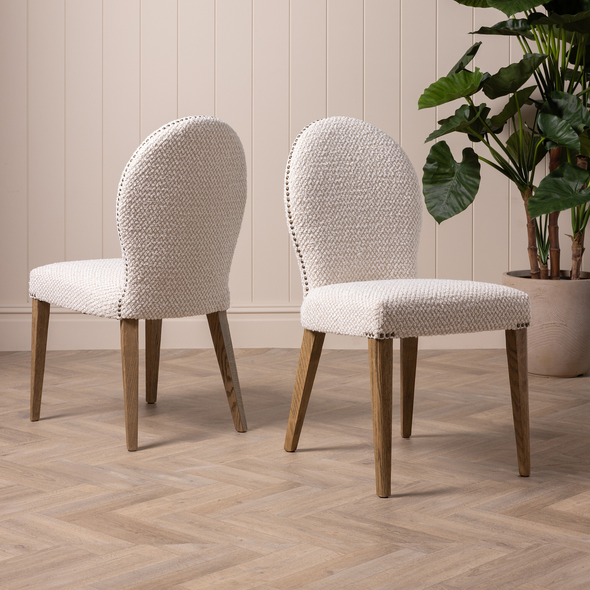 Dunham White Fabric Dining Chair with Stud Detail, White Textured