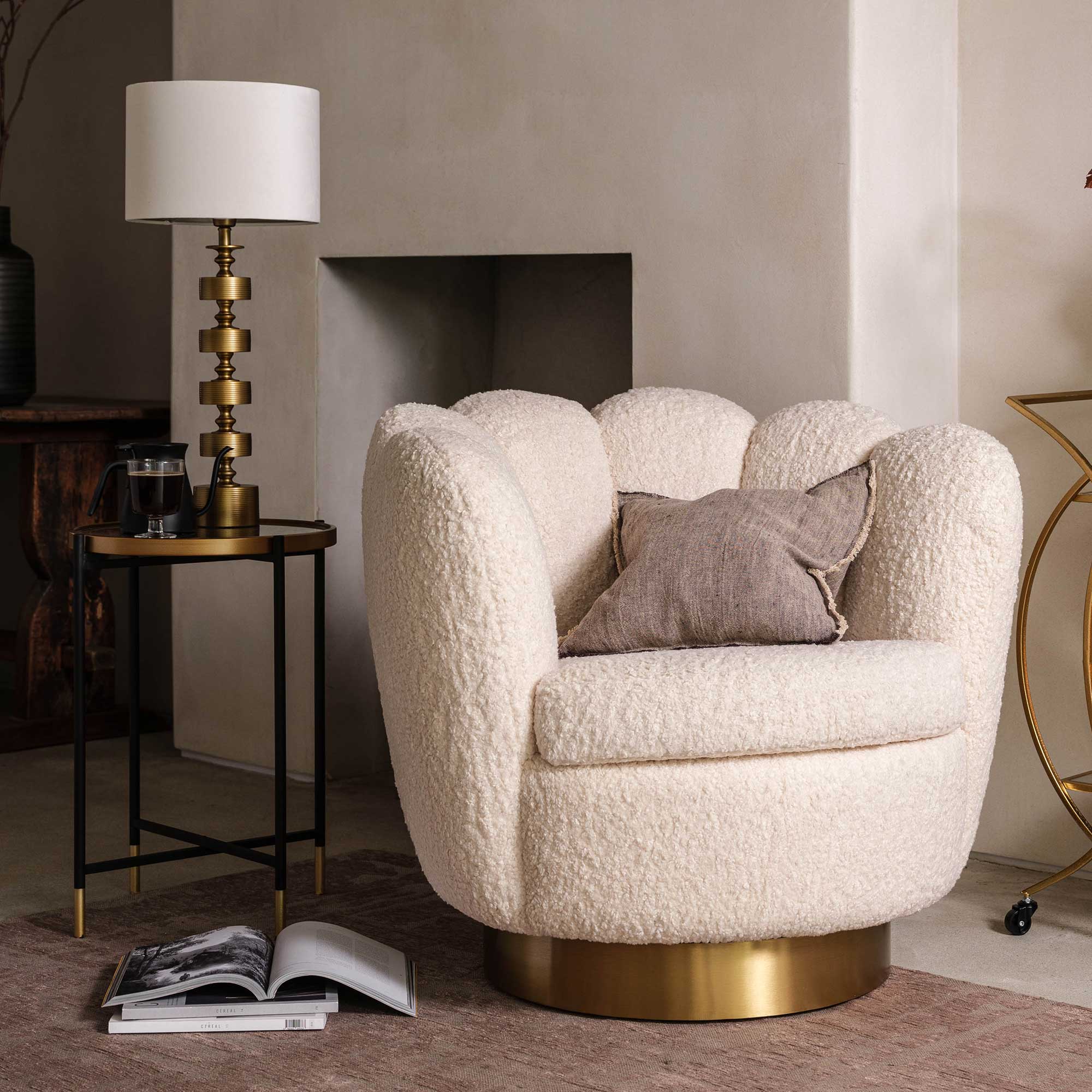 Eichholtz Mirage Swivel Armchair Faux Shearling, White Fabric | Barker & Stonehouse