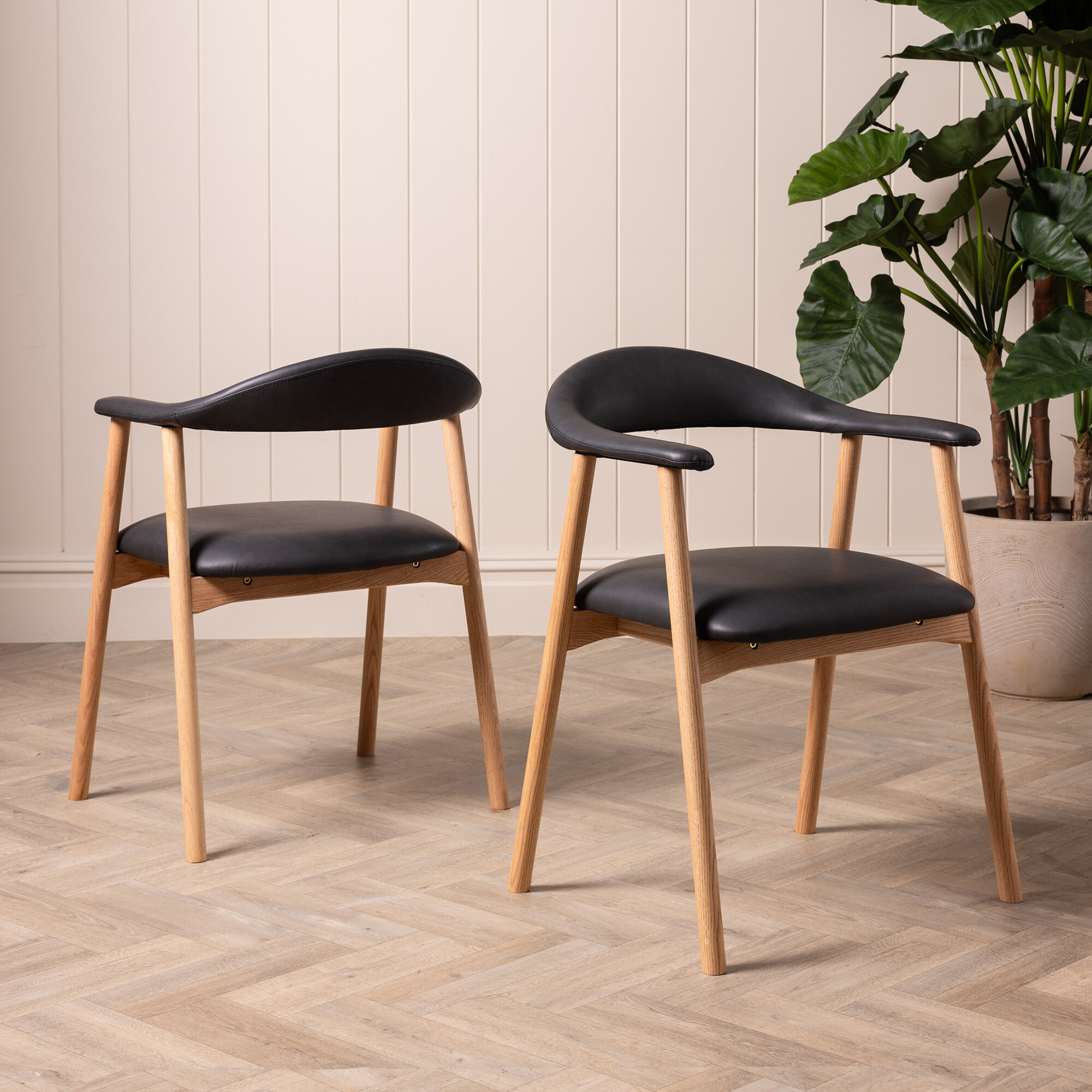 Lerman Oiled Oak Faux Leather Dining Chair, PU Retro Black, Oiled Oak Base - Barker & Stonehouse