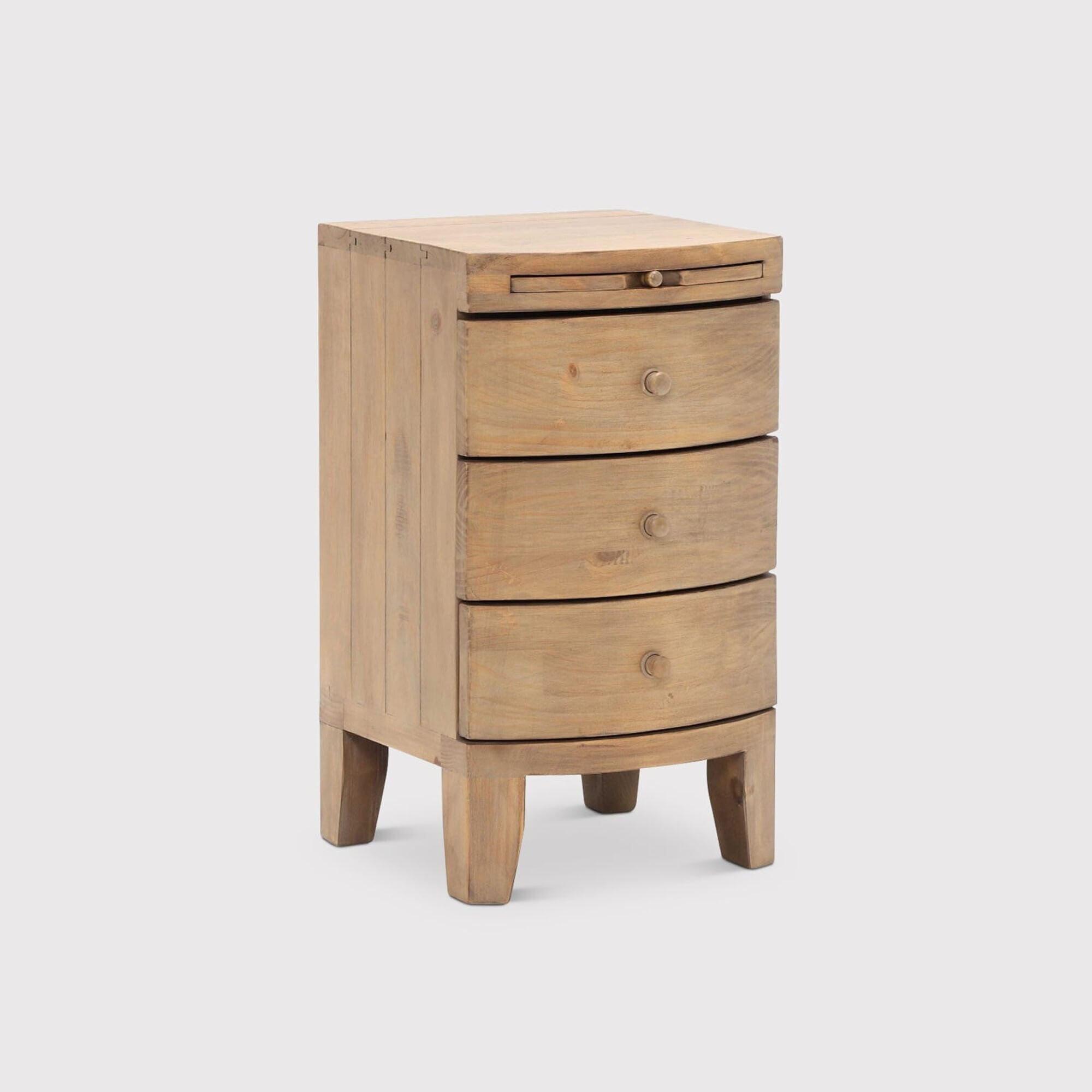 Lewes 3 drawer bow front bedside table in neutral wood