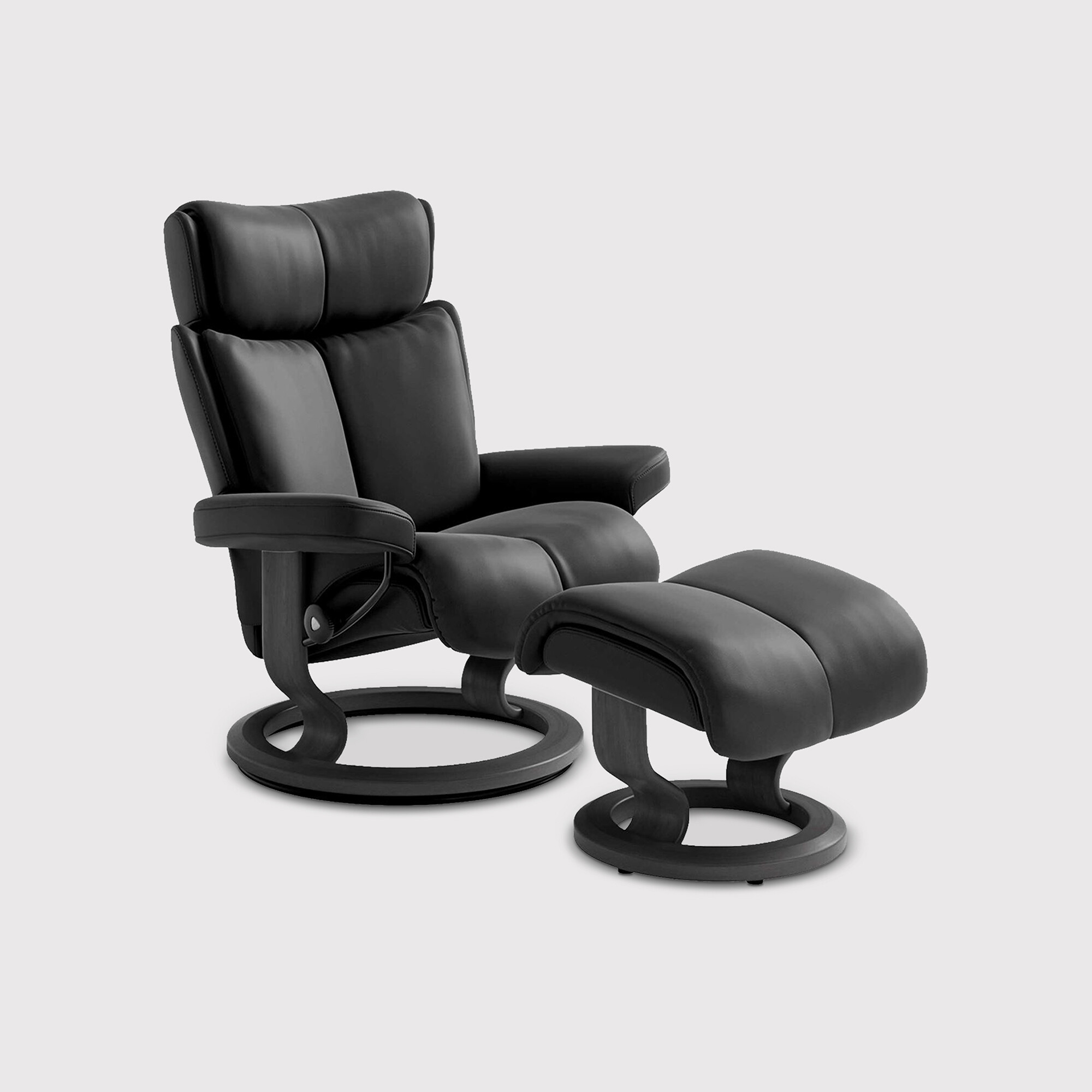 Stressless Magic Small Recliner Chair & Stool With Classic Base, Black Leather | Barker & Stonehouse