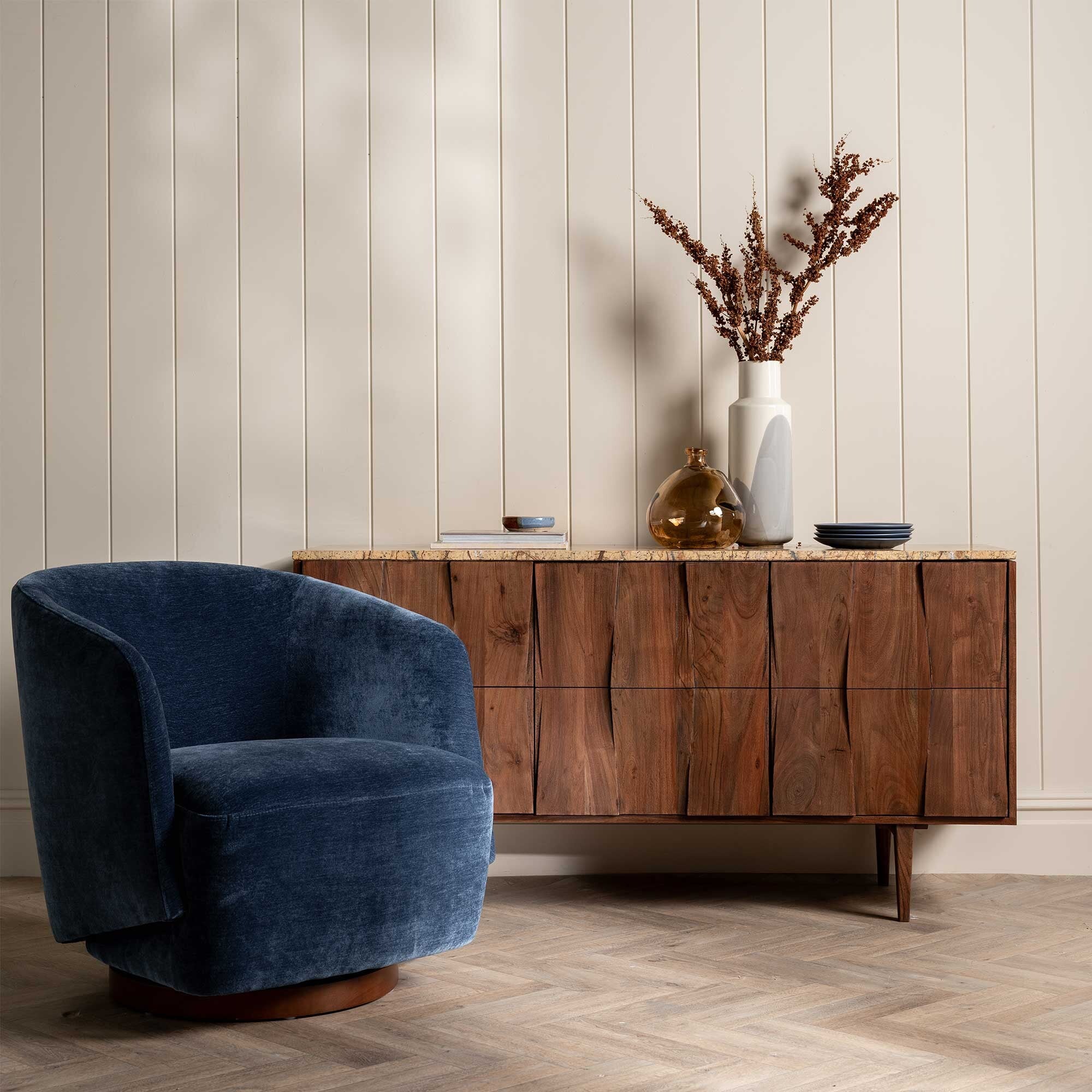 Pellaro swivel armchair in blue fabric