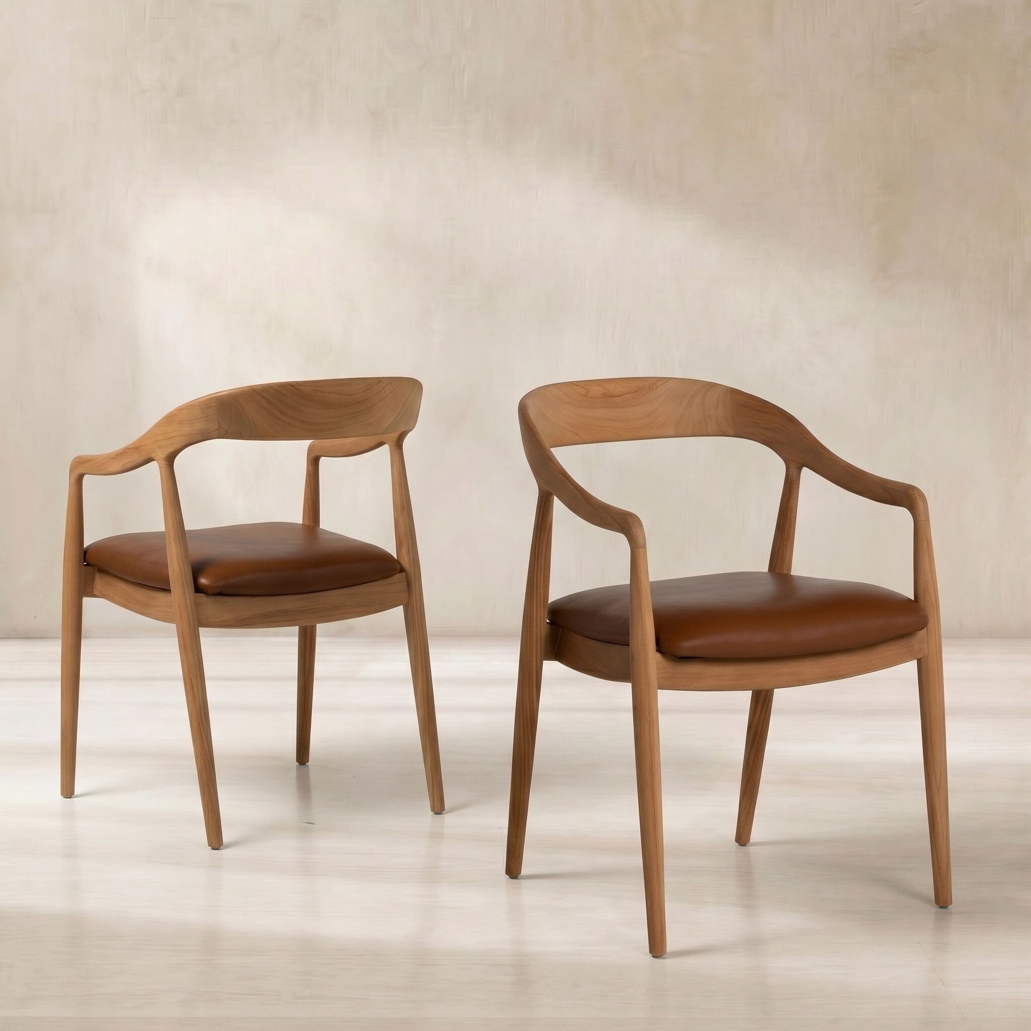 Semeru Curved Teak Wood Open Back Dining Armchair with Leather