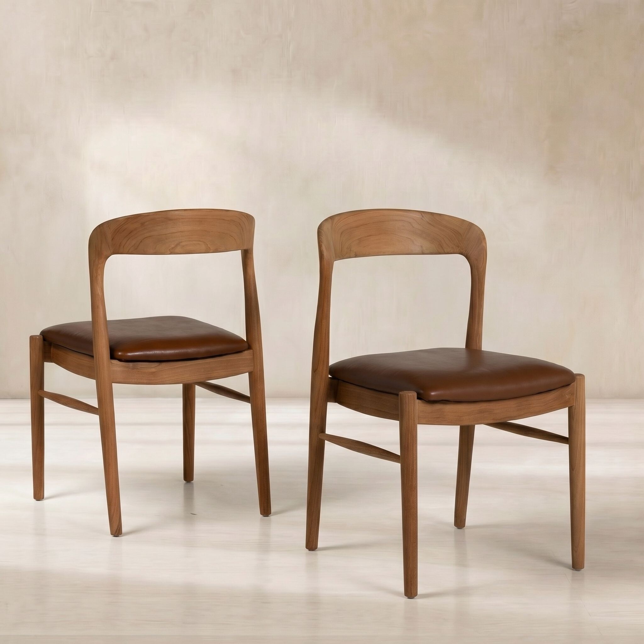 Semeru Curved Teak Wood Open Back Dining Chair with Leather Seat