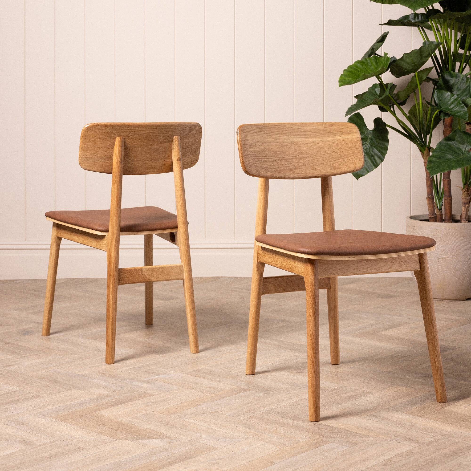 Tatum Natural Oak Dining Chair with Brown PU Seat, Natural Oak With Tan PU Seat - Barker & Stonehouse