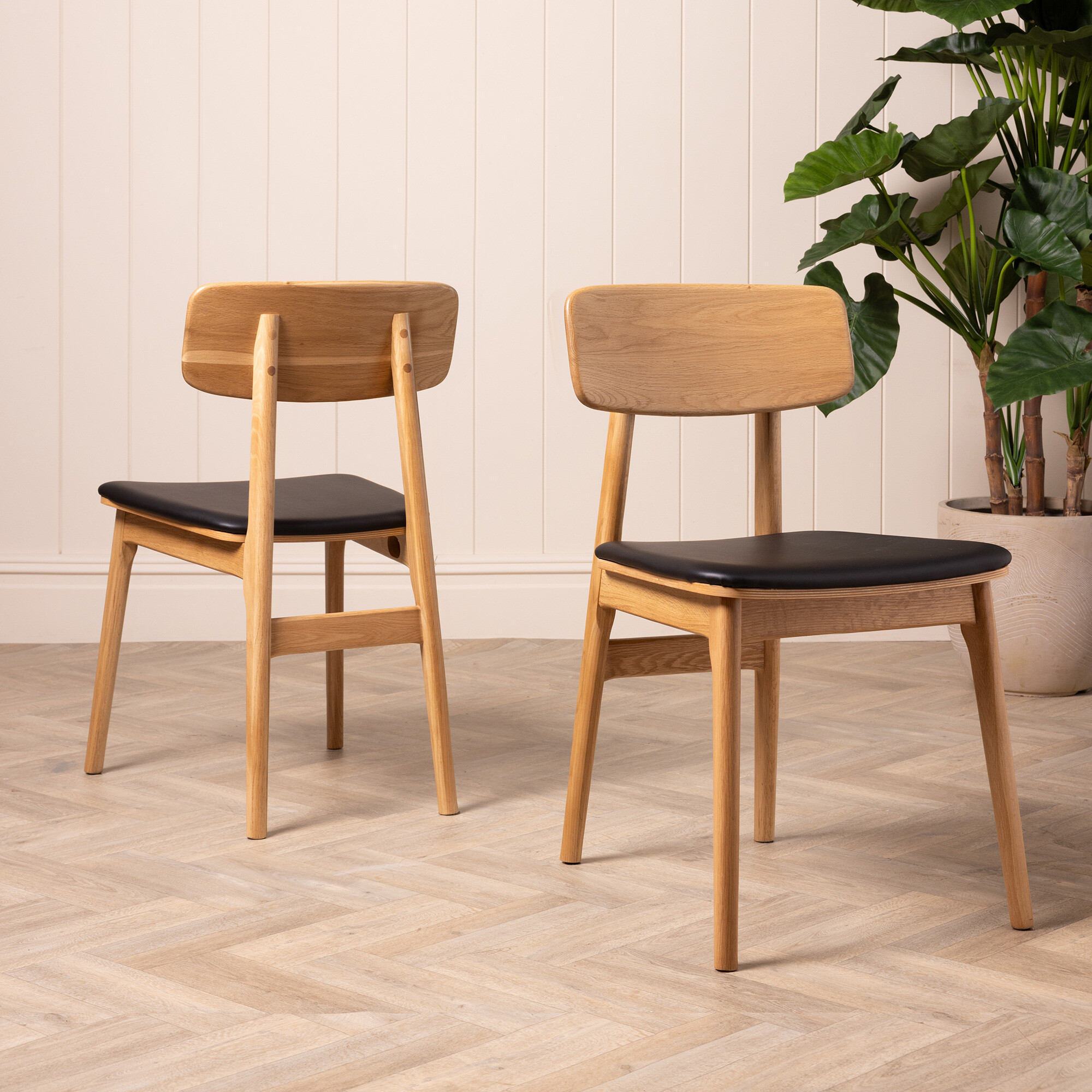 Tatum Faux Leather Curved Back Wooden Dining Chair, Black PU And Natural Oak - Barker & Stonehouse