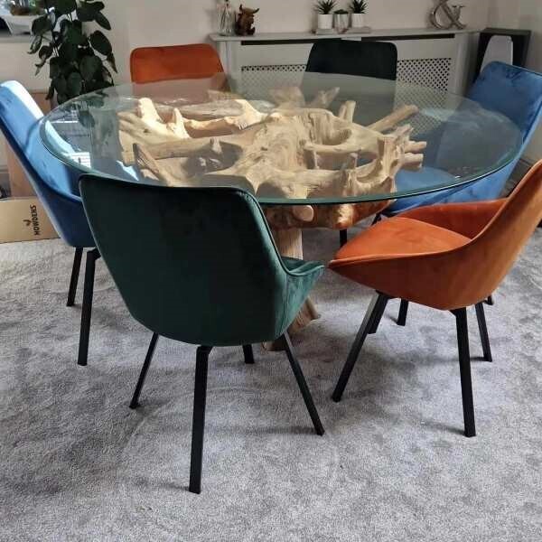 Beckton Blue Velvet Swivel Dining Chair, Blue Finish and Metal Legs