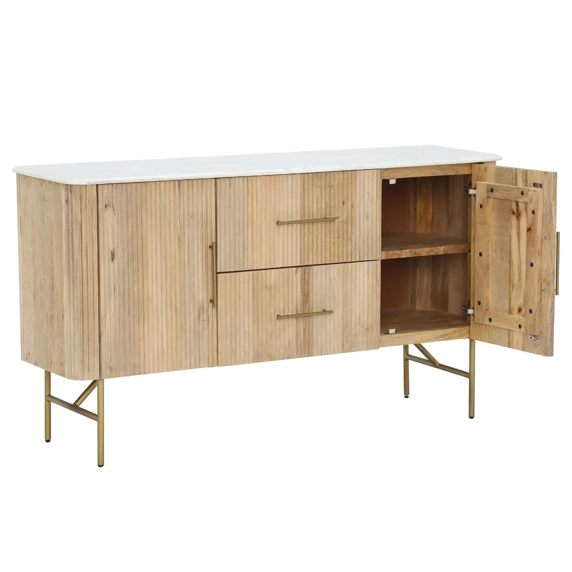 【meri】fuji furniture agio② Fuji Fluted Mango Wood 2 Door Sideboard with White Marble Top