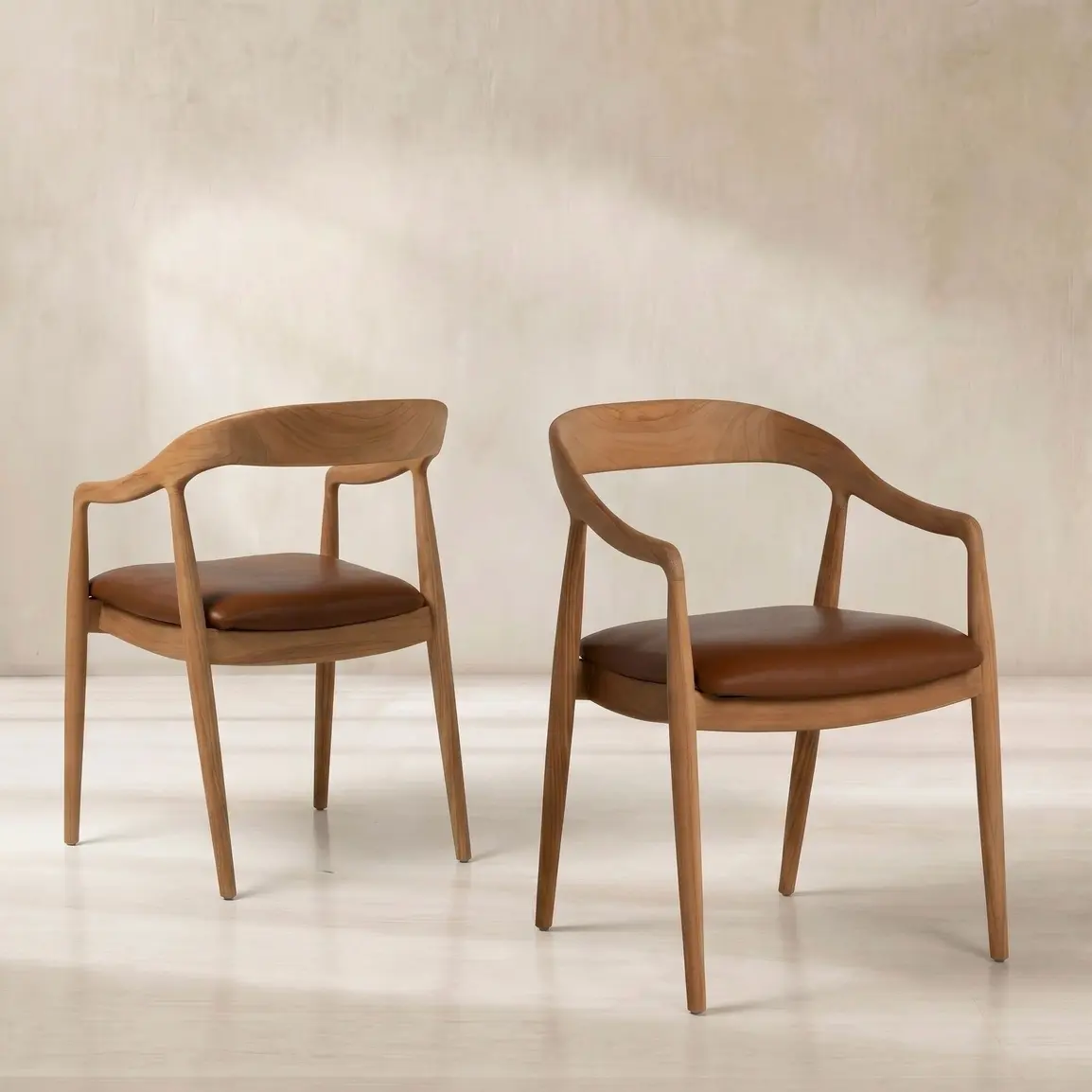 Semeru Curved Teak Wood Open Back Dining Armchair with Leather