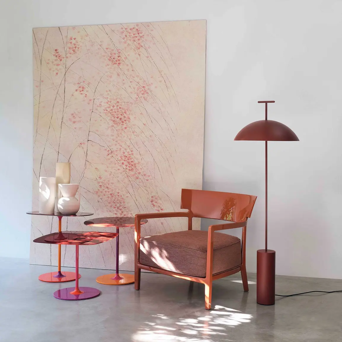 Kartell Thierry Red Round Glass Top and Painted Steel Base Side