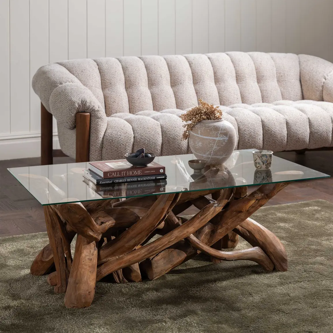 Whinfell Rectangular Coffee Table, Reclaimed Teak Root, Glass and