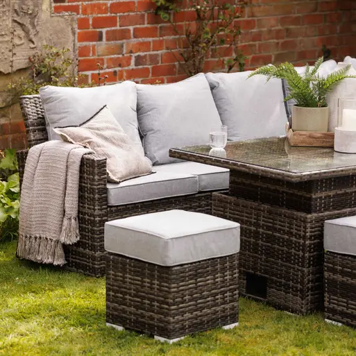 Madeira Rattan L Shape Garden Corner Sofa Dining Set with Table