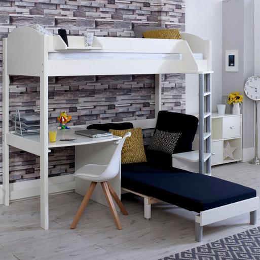 Noah White Wood Children s Highsleeper Single Bed Frame With Sofa and Desk White Black Barker Stonehouse
