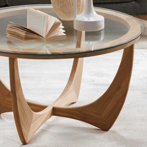 Yves Round Brown Teak and Glass Coffee Table Barker Stonehouse
