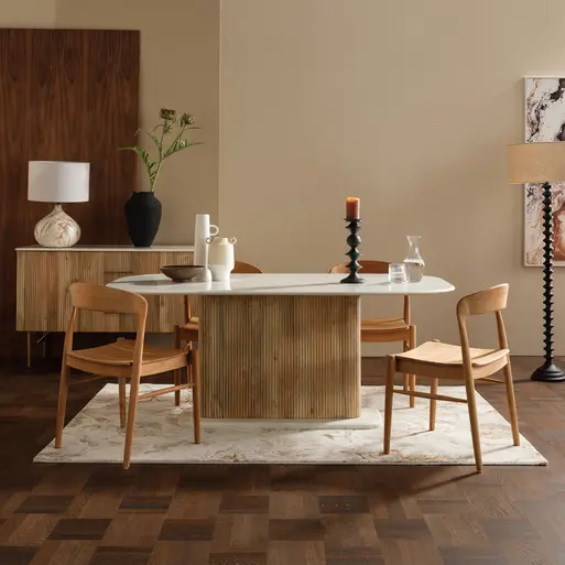 Fuji Curved Marble 180cm Dining Table with Wood Base and 4 Semeru Teak Wood Dining Chairs Barker Stonehouse