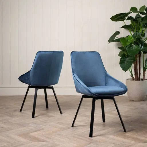 Beckton Blue Velvet Swivel Dining Chair, Blue Finish and Metal