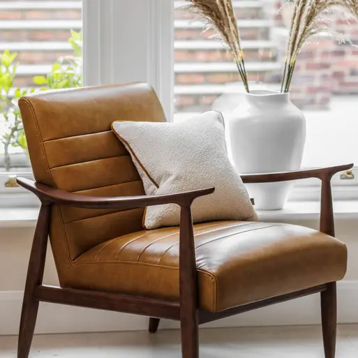 Hockney Brown Leather Accent Chair with Wood Frame, Brown Barker
