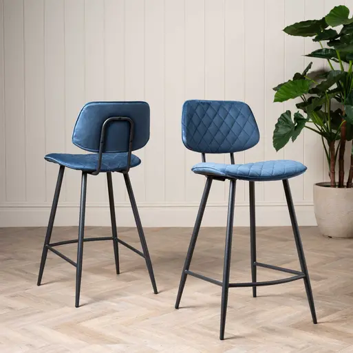 Archer Blue Velvet Counter Stool, Blue Fabric and Metal Legs