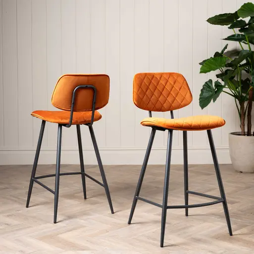 Archer Orange Velvet Counter Stool, Orange Fabric and Metal Legs
