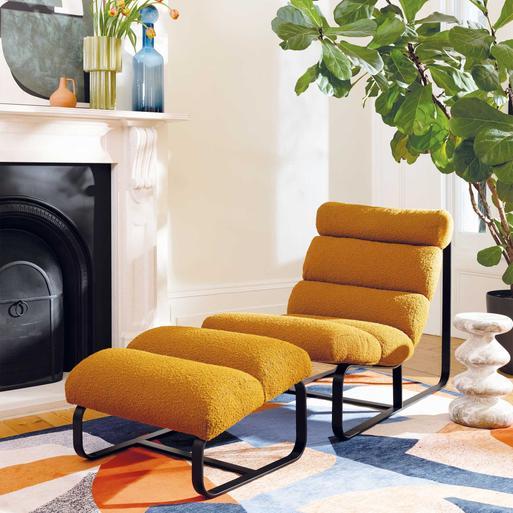 Lucien Mustard Yellow Boucle Fabric Accent Chair with Footstool