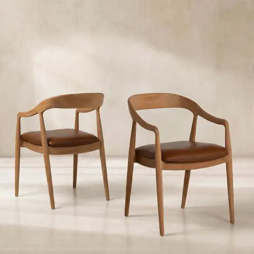 Semeru Curved Teak Wood Open Back Dining Chair with Leather Seat