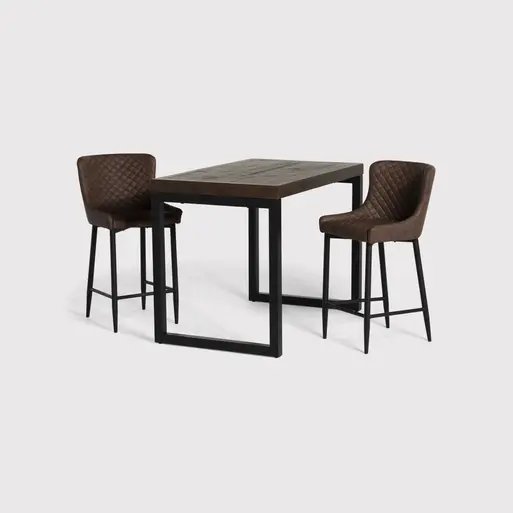 Tacoma Reclaimed Wood 120cm Bar Table and Rivington Brown Faux Leather  Counter Stools, Matt Black Finish Barker Stonehouse