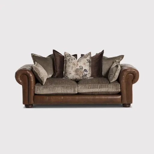 Taunton Brown Leather Seater Sofa with Fabric Seat Cushions