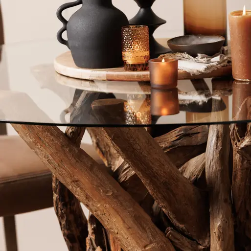 Whinfell Round Glass Top and Teak Root Wood Base 130cm Dining