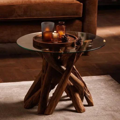 Whinfell Round Lamp Table, Reclaimed Teak Root, Glass and Light - Main Image