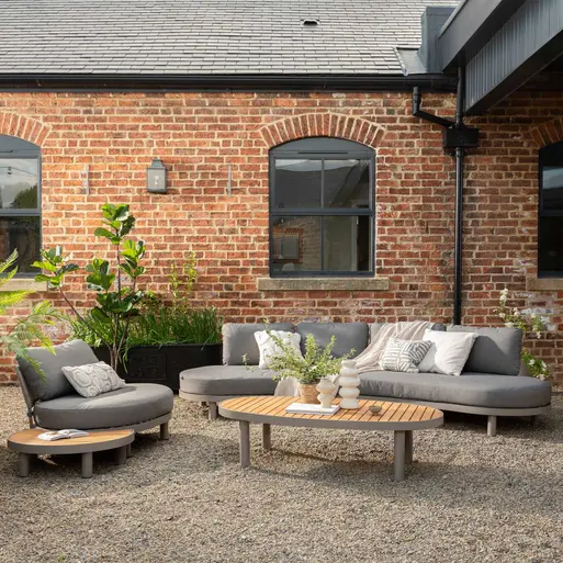 Zamora Curved Grey Garden Sofa and Teak Outdoor Coffee Table - Main Image